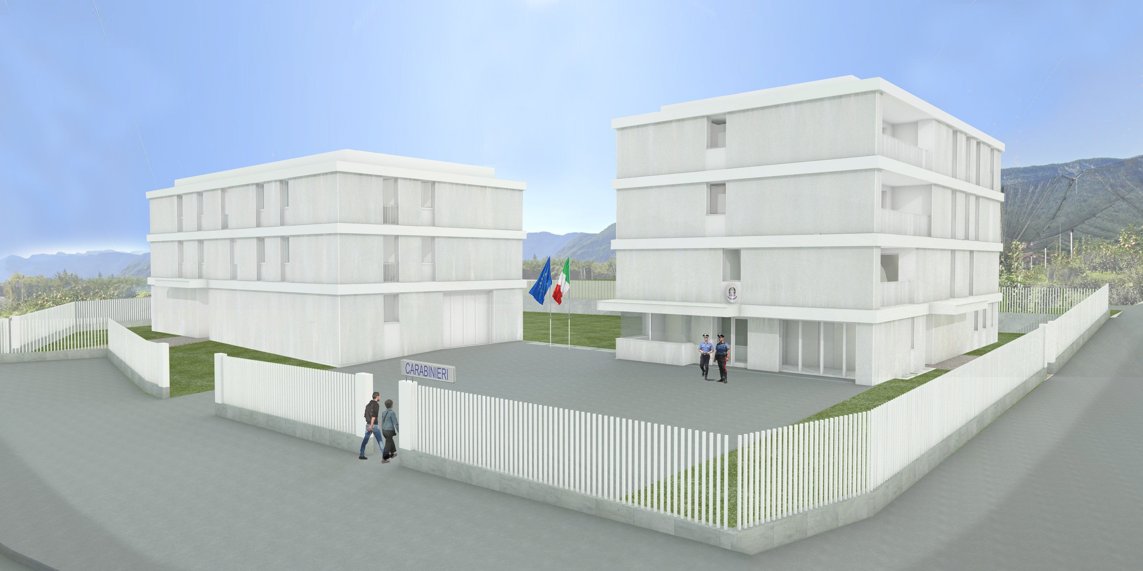 Das Rendering der neuen Carabinieri-Kaserne in Eppan, die im Ex-Mercanti-Areal entsteht. Die offizielle Grundsteinlegung findet am 26. Februar um 10.00 Uhr in der Bozner Straße statt. (Rendering: Roland Baldi Architects)