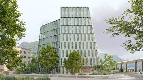 Das Haus der Mobilität entsteht an der Stelle des heutigen Landhauses 5, in der Nähe des Bahnhofs, der Rittner Seilbahn und des Busbahnhofs. (Rendering: Ressort Infrastrukturen und Mobilität)