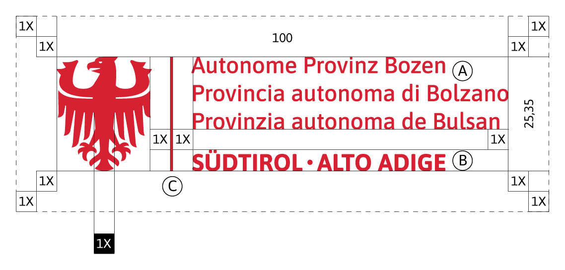 Logo der Autonomen Provinz Bozen – Südtirol, bestehend aus einem Piktogramm und einem dreisprachigen Schriftzug, mit Angaben zu Schriftart, Rändern, Sicherheitsabstand und Proportionen. Die detaillierte Beschreibung finden Sie im Folgenden.