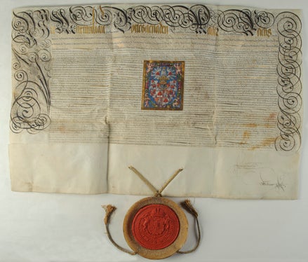 
Diploma imperiale di aumento dello stemma dei Rottenbucher, Archivio provinciale di Bolzano, Archivio Lachmüller 1573 (Foto: USP/Archivio provinciale)

