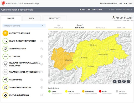 Il bollettino di allerta segnala per i prossimi giorni il secondo livello più alto, ovvero il livello arancione, per il rischio di incendi boschivi in Val Venosta. (Fonte: bollettino di allerta del Centro Funzionale provinciale presso l'Agenzia per la Protezione civile)