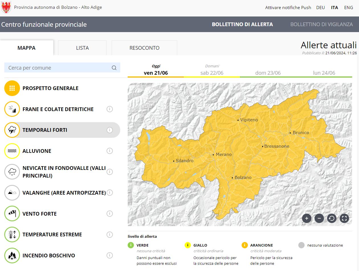 Grafico aggiornato. In Alto Adige possibili alcuni forti temporali con pioggia intensa, grandine e piogge, soprattutto in serata e nella prima parte della nottata di oggi. Anche sabato pomeriggio non si escludono temporali di forte intensità. (Grafico: Centro funzionale provinciale)
