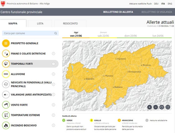 Grafico aggiornato. In Alto Adige possibili alcuni forti temporali con pioggia intensa, grandine e piogge, soprattutto in serata e nella prima parte della nottata di oggi. Anche sabato pomeriggio non si escludono temporali di forte intensità. (Grafico: Centro funzionale provinciale)
