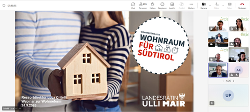 Il webinar con tutte le informazioni sulle possibilità di agevolazione previste dalla Riforma Abitare 2025 è stato organizzato recentemente dall’assessora provinciale all’Edilizia abitativa Ulli Mair, dall’Arche im KVW e dal Consorzio dei Comuni. (Foto: USP)