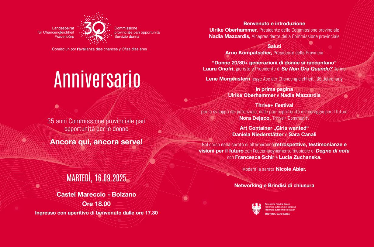 La Commissione provinciale per le pari opportunità per le donne festeggia il 16 settembre a Bolzano il suo 35° anniversario. (Foto: Commissione provinciale per le pari opportunità per le donne/Servizio Donna)