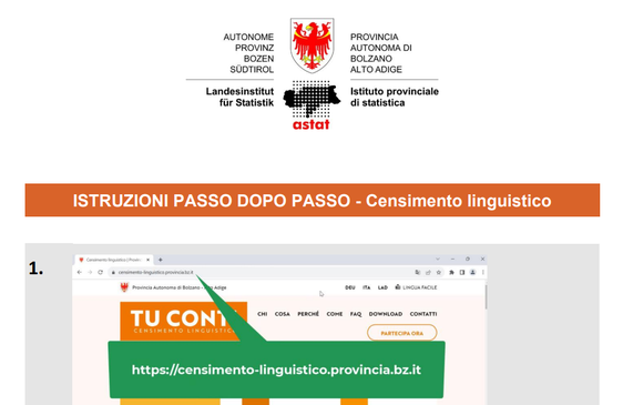 Un video esplicativo e un PDF con tutte le istruzioni, passo dopo passo, per la partecipazione al censimento linguistico online, sono disponibili sul sito web  https://www.censimento-linguistico.provincia.bz.it/ (Foto: ASP/Astat)