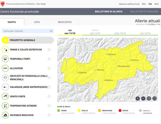 Oggi ancora livello giallo per movimenti di massa e colate detritiche, da domani verde. In vista dell'alleggerimento della situazione, nella conferenza di valutazione di oggi all'Agenzia per la Protezione civile è stato deciso di declassare lo stato di allerta alfa allo stato normale (zero) (Grafica: Centro funzionale provinciale)