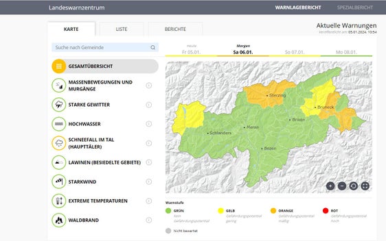 Im Warnlagebericht scheint auf, wo wegen Schneefalls im Tal höheres Gefährdungspotential gilt und daher erhöhte Aufmerksamkeit angeraten wird. (Quelle: Warnlagebericht des Landeswarnzentrums in der Agentur für Bevölkerungsschutz)