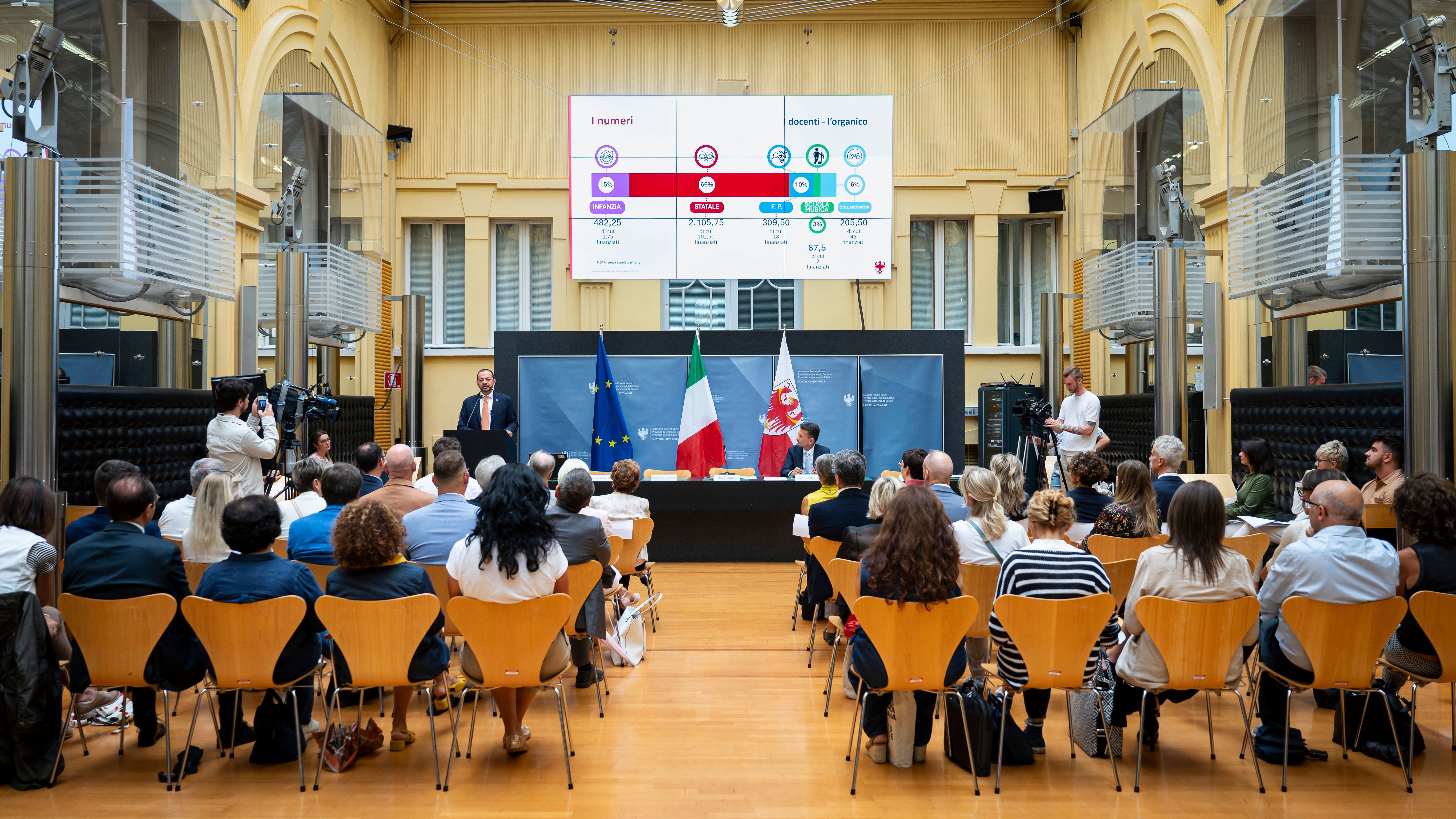 Bildungslandesrat Marco Galateo und Schulaufsichtsdirektor Vincenzo Gullotta stellten bei einer Pressekonferenz die Neuerungen des Schuljahres 2025/26 der italienischen Schulen vor. (Foto: LPA/Fabio Brucculeri)
