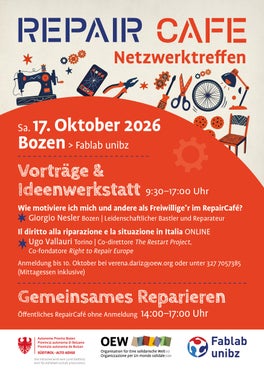 Flyer zum RepairCafé Netzwerktreffen, das am Welttag der Reparatur am 17. Oktober im „Fablab unibz“ in Bozen stattfinden wird
