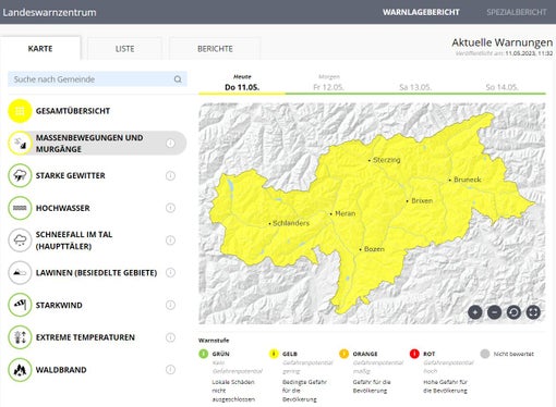 Warnlagebericht des Landeswarnzentrums&nbsp;in der&nbsp;Agentur für Bevölkerungsschutz: Stufe Gelb (geringes Gefährdungspotential) im Hinblick auf hydrogeologische Risiken (Quelle: Landeswarnzentrum&nbsp;in der&nbsp;Agentur für Bevölkerungsschutz)