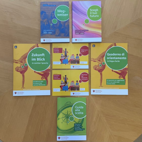 Mehrere Broschüren des Landesamtes für Ausbildungs- und Berufsberatung stellen Informationen über das bestehende Angebot zu Schulen, Studium, Weiterbildung und Berufen in Südtirol. Neu dazu gekommen ist ein Heft in leichter Sprache, das sich an Jugendliche mit Verständigungsschwierigkeiten richtet. (Foto: LPA/Amt für Ausbildungs- und Berufsberatung)