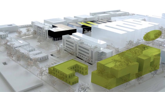 I lotti di costruzione D2 e D3 sono le strutture in nero al centro dell'illustrazione con una striscia verde sul tetto. (Foto: NOI)