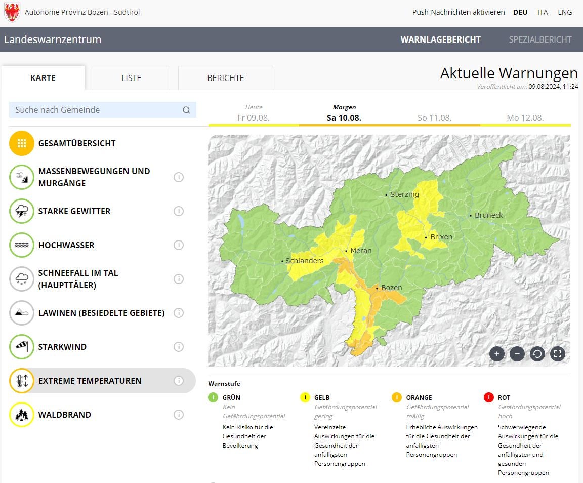 Für Samstag und Sonntag werden Temperaturen über 35 Grad erwartet, im Warnlagebericht scheint deshalb im Raum Bozen, im Etschtal und im Unterland die zweithöchste Warnstufe Orange auf. (Foto: Warnlagebericht des Landeswarnzentrums in der Agentur für Bevölkerungsschutz)