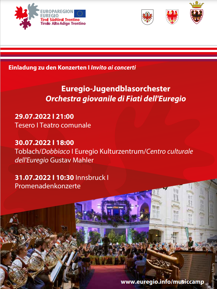 La locandina dei concerti che si terranno nei tre territori dell’Euregio. L'Orchesta giovanile di Fiati si esibirà a Tesero, Dobbiaco e Innsbruck. 