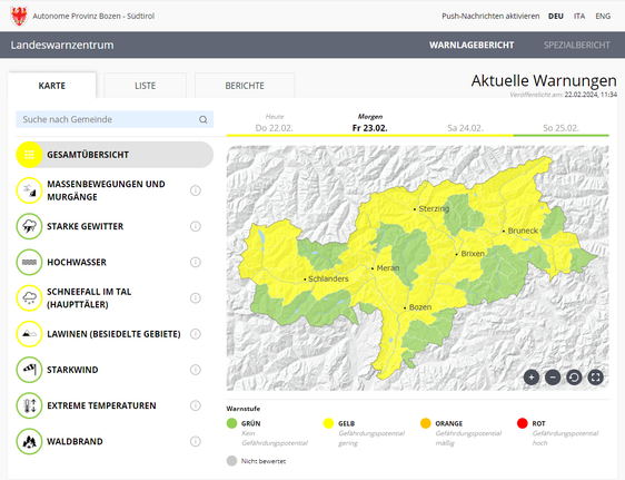 A causa del potenziale di rischio per i movimenti di massa e le colate detritiche, per la giornata di venerdì 23 febbraio è previsto lo stato di protezione civile giallo su diversi territori della provincia. (Foto: ASP/Centro funzionale provinciale di Bolzano)