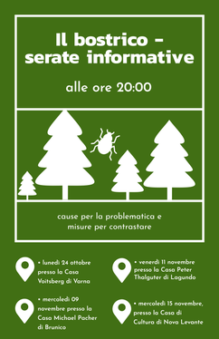 La locandina delle quattro serate informative dedicate al bostrico. 