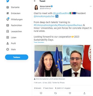 Tweet der Kommissarin nach dem heutigen Online-Austausch mit LH Kompatscher 