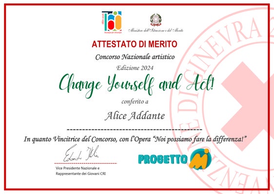 Primo premio ad Alice Addante, della scuola media Filzi di Laives, al concorso nazionale "Change yourself and act!" 2024, realizzato da Croce rossa italiana e Ministero dell'istruzione e del merito (Foto: ASP/Scuola media Filzi)