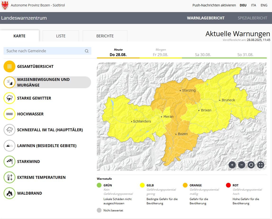 Warnstufe Orange wegen erhöhten Gefährdungspotenzials für Massenbewegungen und Murgänge im Wipptal, Eisacktal und Unterland - Landesweit Warnstufe Gelb wegen starker Gewitter und Hochwassergefahr (Warnlagebericht des Landeswarnzentrums)