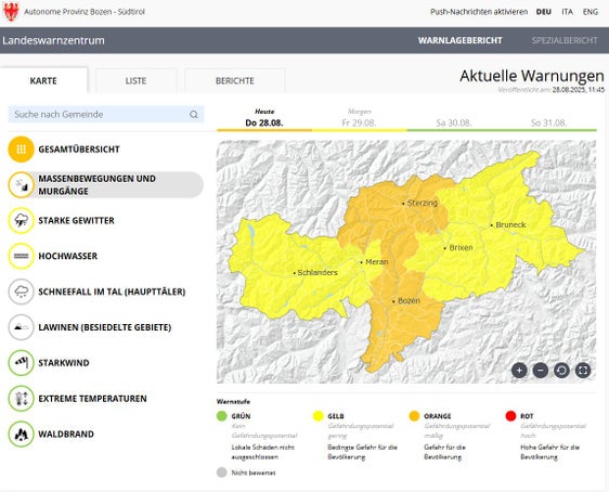Warnstufe Orange wegen erhöhten Gefährdungspotenzials für Massenbewegungen und Murgänge im Wipptal, Eisacktal und Unterland - Landesweit Warnstufe Gelb wegen starker Gewitter und Hochwassergefahr (Warnlagebericht des Landeswarnzentrums)