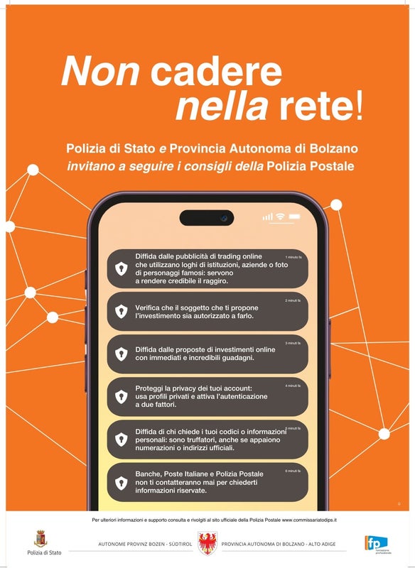 Non cadere nella rete, uno dei giochi di parole scelti da studenti e studentesse della Scuola professionale Einaudi di Bolzano per la campagna di comunicazione istituzionale in collaborazione con la Polizia di Stato. (Foto: USP/Scuola professionale per l’artigianato e l’industria Einaudi/Polizia di Stato)