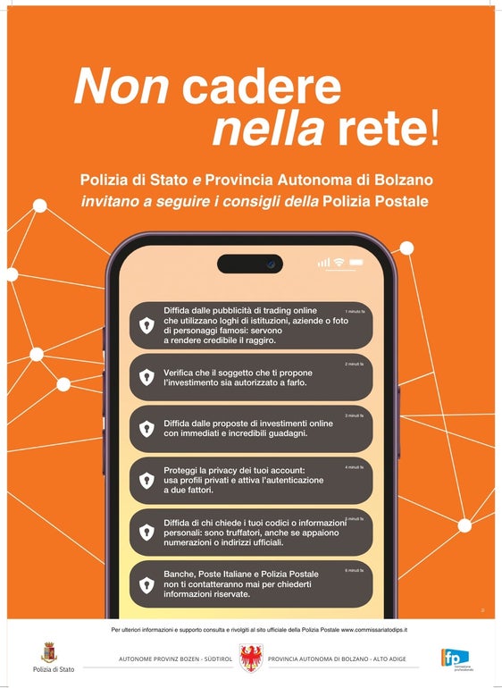"Non cadere nella rete" ("Verfange dich nicht im Netz"): Mit diesem Wortspiel machen Schülerinnen und Schüler der Landesberufsschule "Luigi Einaudi" auf die Gefahren im Internet aufmerksam. (Foto: LPA/CTS Einaudi/Polizia di Stato)