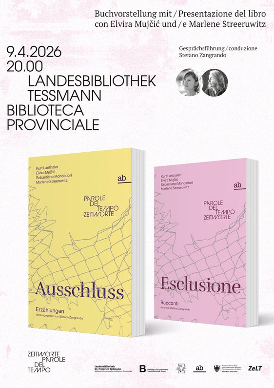 Il 9 aprile, alla Biblioteca provinciale Teßmann, verrà presentato il nuovo volume della collana bilingue “Zeitworte - Parole del tempo”. (Grafica: Teßmann)