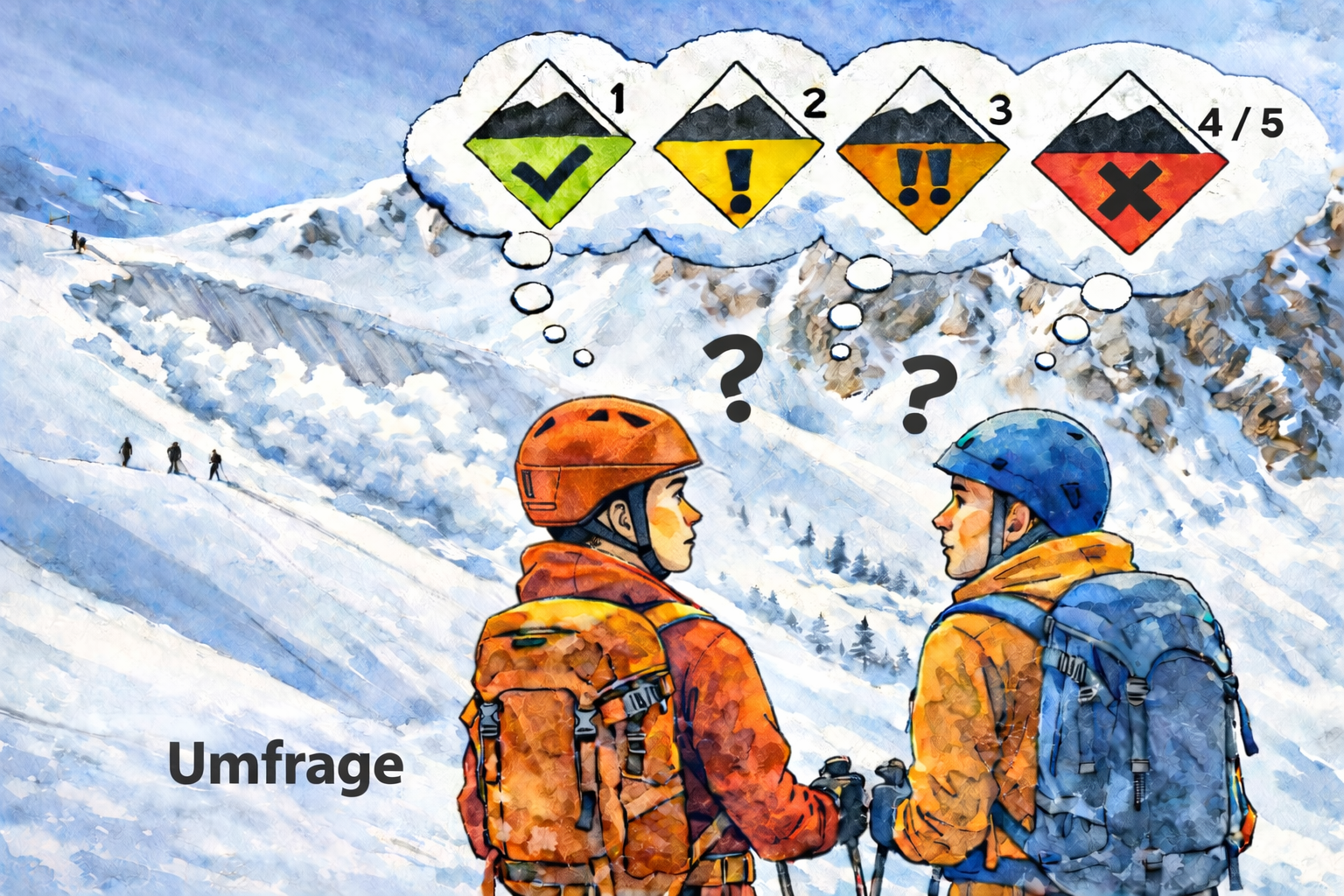 Wie kann die Verständlichkeit und damit Wirksamkeit der Lawinengefahrenskala erhöht werden? Die Europäischen Lawinenwarndienste und damit auch der Lawinenwarndienst im Amt für Meteorologie und Lawinenwarnung in der Agentur für Bevölkerungsschutz ersuchen dafür um Beteiligung an einer Umfrage. (Bild: ChatGPT, OpenAI).
