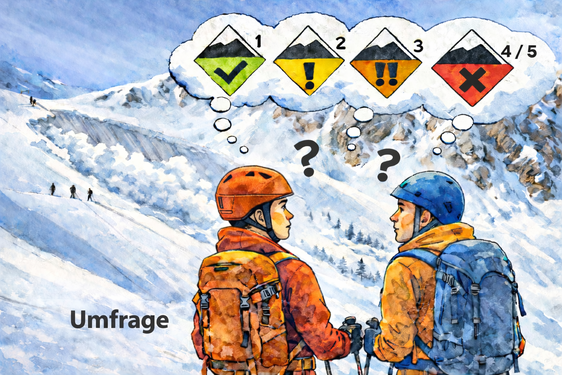 Wie kann die Verständlichkeit und damit Wirksamkeit der Lawinengefahrenskala erhöht werden? Die Europäischen Lawinenwarndienste und damit auch der Lawinenwarndienst im Amt für Meteorologie und Lawinenwarnung in der Agentur für Bevölkerungsschutz ersuchen dafür um Beteiligung an einer Umfrage. (Bild: ChatGPT, OpenAI).