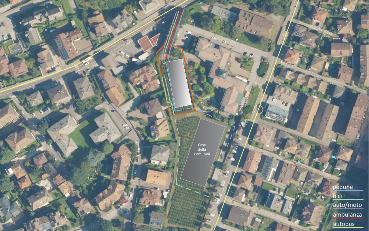 Der neue Sitz des Roten Kreuzes in Leifers soll zwischen der Kennedystraße und der Unterbergstraße entstehen und eine verbesserte Zufahrt haben. (Grafik: LPA/Hochbau, Valorisierung des Vermögens, Grundbuch und Kataster)