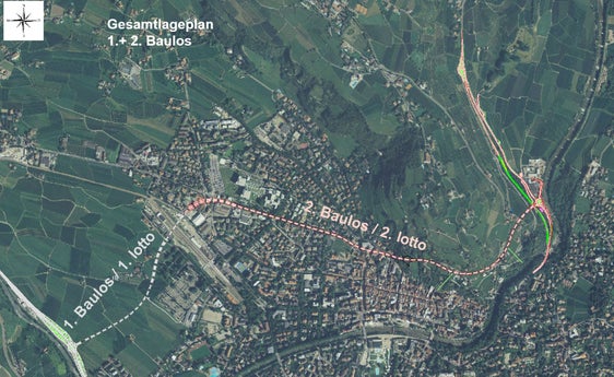 Der Gesamtlageplan zeigt die beiden Baulose der Nord-West-Umfahrung Meran mit dem bestehenden Tunnel (Baulos 1) und dem neuen Küchelbergtunnel (Baulos 2). (Grafik: LPA/Ressort Infrastrukturen und Mobilität)