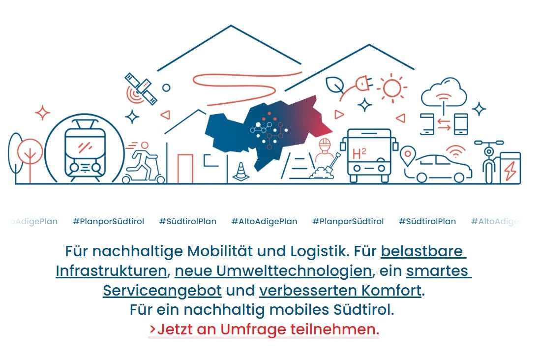 Fino al 22 maggio tutti gli interessati possono partecipare al sondaggio online all'indirizzo https://2030.suedtirolmobil.info/altoadigeplan (Foto: ASP)