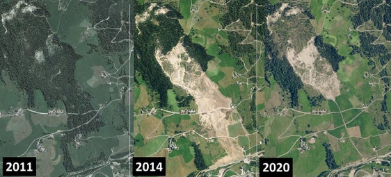 Direkter Vergleich: der Hang vor (2011), kurz (2014) und länger (2020) nach der Rutschung vom 13. Dezember 2012. (Archivfotos: Landeswarnzentrum in der Agentur für Bevölkerungsschutz)