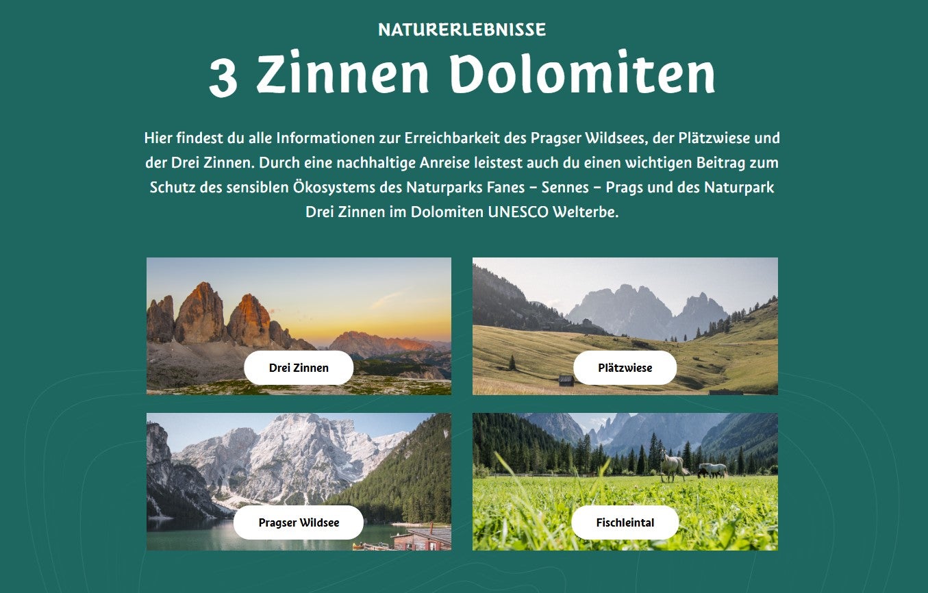 Sul web all'indirizzo www.drei-zinnen.bz / www.tre-cime.bz ci si può informare e prenotare ristoranti, shuttle o parcheggi (Screenshot: ASP)
