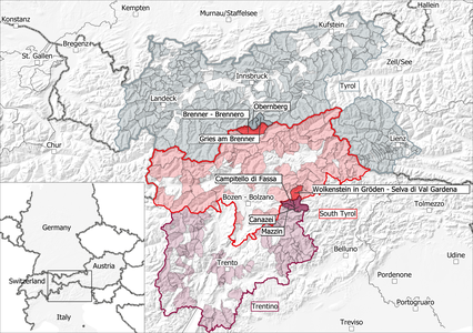 Die grenzübergreifenden Pilotregionen: „Brenner“ mit den Kommissionen aus Brenner, Gries am Brenner und Obernberg sowie „Sellajoch“ mit den Kommissionen aus Canazei, Mazzin, Campitello di Fassa und Wolkenstein (Quelle: Euregio)