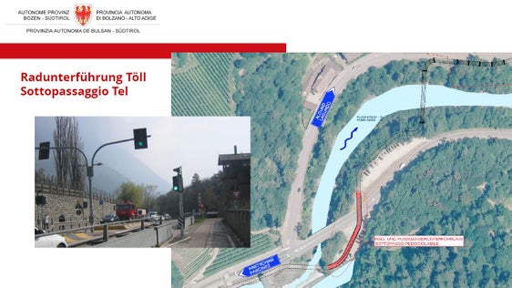 Auf der Töll soll anstelle der derzeitigen Radüberquerung an der Staatsstraße eine neue Unterführung entstehen. (Bild: LPA/Mobilitätsressort des Landes)