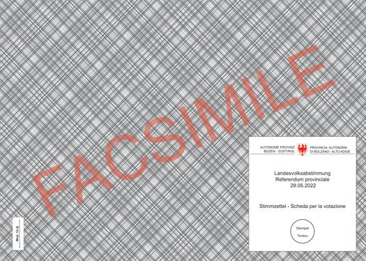 Außenansicht des Wahlzettels für die Landesvolksabstimmung am 29. Mai 2022 (Facsimile: Südtiroler Landtag)
