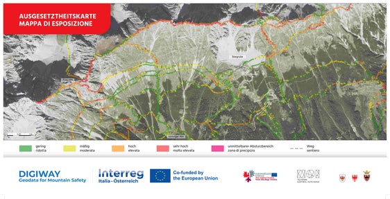 Ausgesetztheitskarte&nbsp;für Wanderwege: Vier Farbstufen – von grün bis rot – zeigen,&nbsp;wie schwerwiegend die&nbsp;Folgen&nbsp;eines&nbsp;Sturzes&nbsp;an einer bestimmten Stelle&nbsp;wären. (Foto: Euregio)