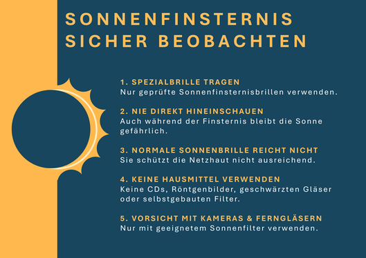 Tipps des Gesundheitsressorts, um die Sonnenfinsternis sicher zu beobachten. (Grafik: LPA/Viktoria Huber)
