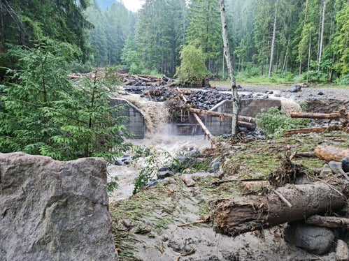 Deposito di materiale nel bacino di ritenzione del torrente Frötschbach all'ingresso del villaggio di Seis (Foto: Vigili del Fuoco Volontari)