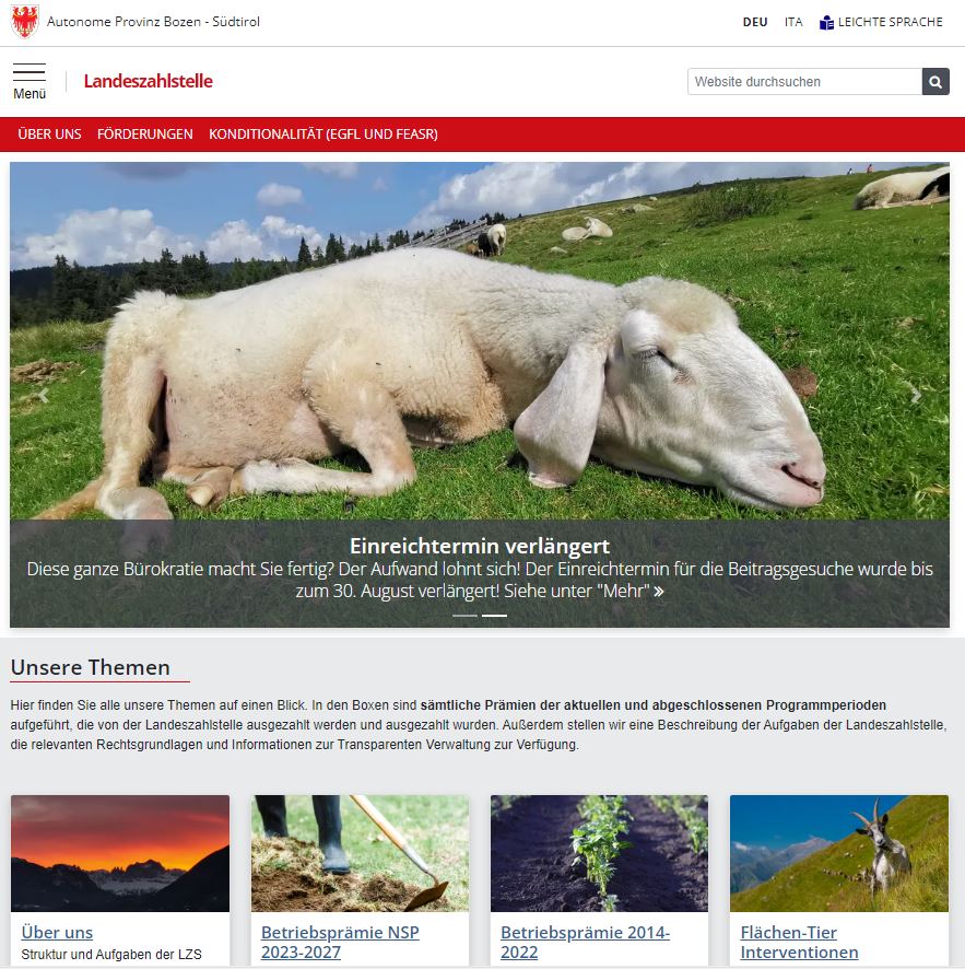 Die Landeszahlstelle präsentiert ihren neuen Webauftritt – jetzt noch übersichtlicher mit schnellen und einfachen Infos zu landwirtschaftlichen Förderungen. (Screenshot Webseite Landeszahlstelle: LPA)
