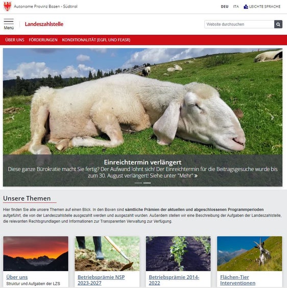 Die Landeszahlstelle präsentiert ihren neuen Webauftritt – jetzt noch übersichtlicher mit schnellen und einfachen Infos zu landwirtschaftlichen Förderungen. (Screenshot Webseite Landeszahlstelle: LPA)
