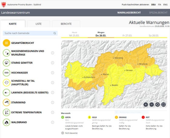 Warnstufe Orange im Warnlagebericht für den 26. März wegen Starkwind (Quelle: Landeswarnzentrum in der Agentur für Bevölkerungsschutz)