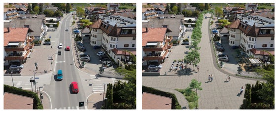 Weniger Verkehr und mehr Lebensqualität soll eine Umfahrung für den Ortskern von Rabland bringen. Bild 1 zeigt die aktuelle Situation. Bild 2 zeigt die Situation nach dem Bau der Umfahrung. (Rendering: Orbit Studio)