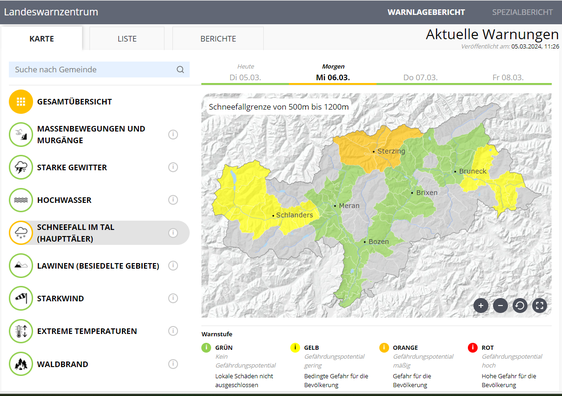 In der Nacht auf morgen beginnt es verbreitet zu schneien, der Schneefall beeinflusst auch den Verkehr auf der Brennerautobahen und den Hauptverkehrsadern: Das Landeswarnzentrum hat deshalb die Lage im Großraum Brenner mit der zweithöchsten Warnstufe Orange eingestuft. Der Bevölkerungsschutz ruft dazu auf, die Ausrüstung der Fahrzeuge und das Verhalten im Straßenverkehr diesen Verhältnissen anzupassen und nicht unbedingt nötige Fahrten zu unterlassen. (LPA/Warnlagebericht)