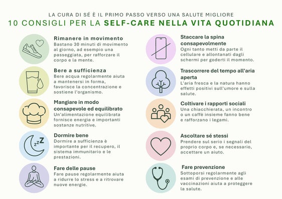 Per il Dipartimento Prevenzione sanitaria e Salute, la Self-care è un elemento fondamentale della prevenzione e invita quindi le persone, in occasione del Self-care Day, a prestare attenzione alla propria salute in modo consapevole. Alcuni semplici consigli possono essere d’aiuto. (Grafica: USP/Viktoria Huber)