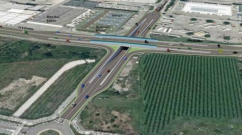 Der geplante, neue Kreuzungspunkt der Einstein-Straße mit der Buozzi-Straße von Süden gesehen (Rendering: Landesabteilung Tiefbau)