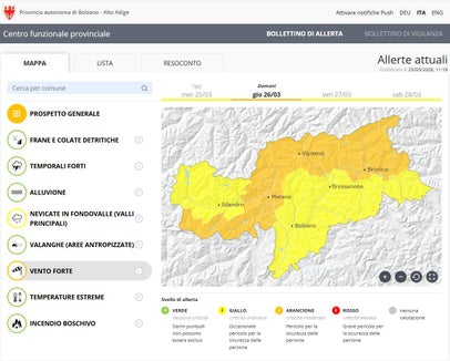 Vento forte da nord in arrivo in tutto l'Alto Adige. A causa del previsto maltempo livello di allerta arancione nel bollettino di allerta del 26 marzo. (Grafico: Centro funzionale provinciale)