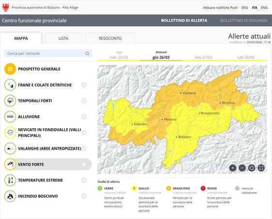 Vento forte da nord in arrivo in tutto l'Alto Adige. A causa del previsto maltempo livello di allerta arancione nel bollettino di allerta del 26 marzo. (Grafico: Centro funzionale provinciale)